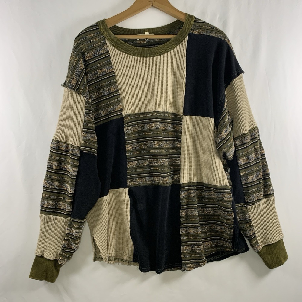 Womens Patchwork Grandpa Grunge Sweater Sz M Boho Indie Mixed Media Distressed